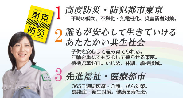 　高度防災・防犯都市東京平時の備え、不燃化・無電柱化、災害弱者対策。誰もが安心して生きていけるあたたかい共生社会子供を安心して産み育てられる。年輪を重ねても安心して暮らせる東京。待機児童ゼロ。いじめ、体罰、虐待撲滅。先進福祉・医療都市365日適切医療・介護。がん対策。感染症・衛生対策。健康長寿社会。