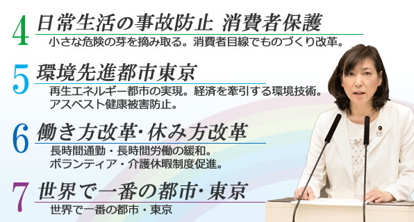 日常生活の事故防止　消費者保護小さな危険の芽を摘み取る。消費者目線でものづくり改革。環境先進都市東京 再生エネルギー都市の実現。経済を牽引する環境技術。アスベスト健康被害防止。働き方改革・休み方改革 長時間通勤・長時間労働の緩和。ボランティア・介護休暇制度促進。 世界で一番の都市・東京 世界にアピール　東京の心意気。東京2020が繋ぐ世界の平和。