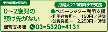 ０～２歳児の預け先がない●ベビーシッター利用支援 　・公費負担・・・2,250円 ／時間 　・利用者負担・・・150円 ／時間