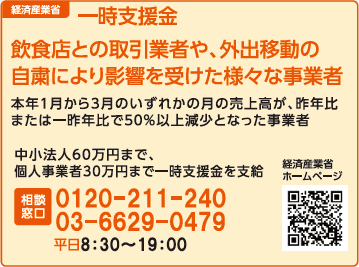 一時支援金飲食店との取引業者や、外出移動の自粛により影響を受けた様々な事業者本年1月から3月のいずれかの月の売上高が、昨年比または一昨年比で50％以上減少となった事業者