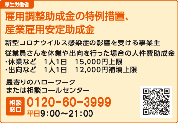 雇用調整助成金の特例措置、産業雇用安定助成金
新型コロナウイルス感染症の影響を受ける事業主従業員さんを休業や出向を行った場合の人件費助成金・休業など1人1日15 ,000円上限・出向など1人1日12,000円補填上限